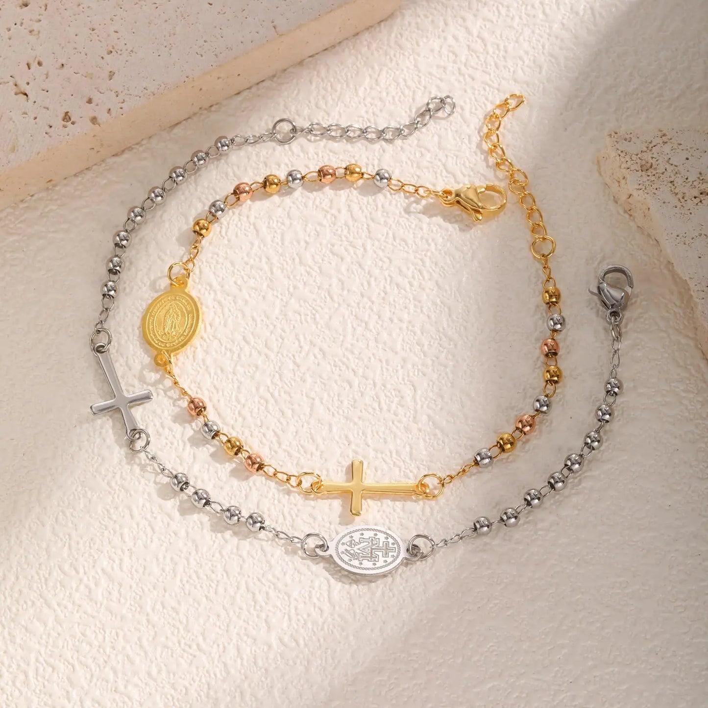 Vnox Stainless Steel Beaded Virgin Mary Bracelet,Charm Rosary Cross Chain Bracelet For Women,Religion Christ Three Color Jewelry