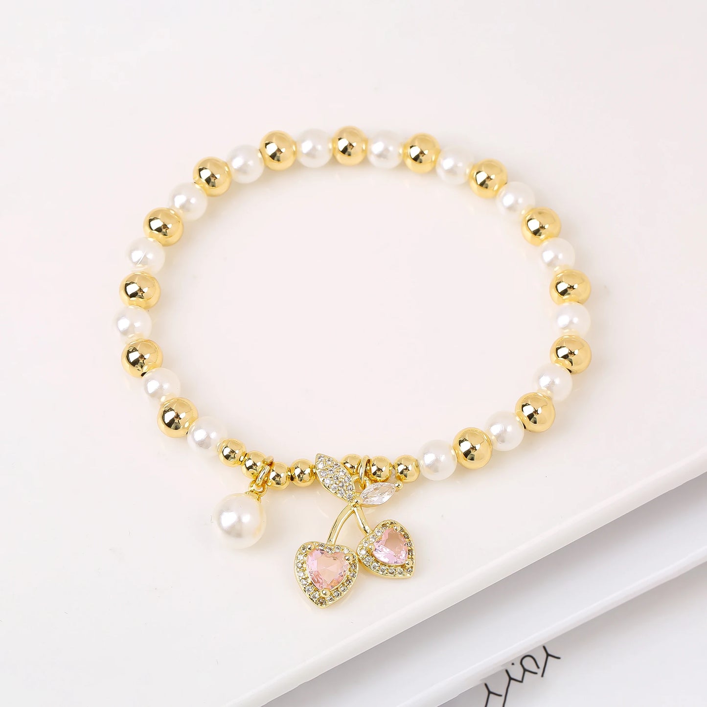 Trendy Crystal Cherry Shape Heart Copper Beads Chain Pearls Bracelet For Women 15 Styles Choice Daily Versatile Jewelry Gift
