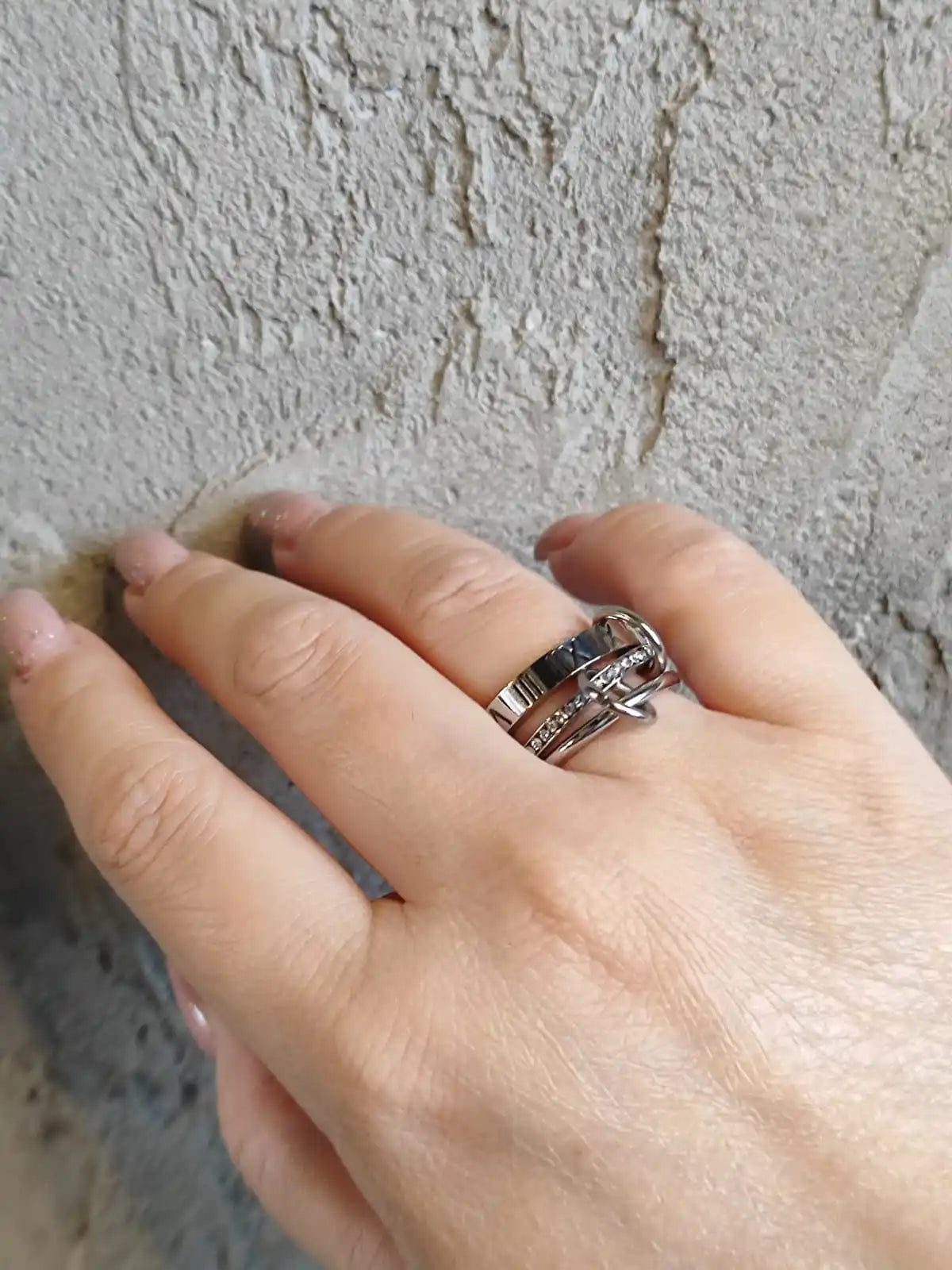 JOVO LOVE Three Layers Roman Numerals Stacking Ring for Women Stainless Steel Our Fingers Chain Shape Variable Crystal Rings