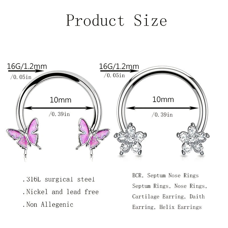 2Pcs 16G Stainless Steel Butterfly Hinged Septum Nose Ring Hoops,BCR Horseshoe Cartilage Daith Helix Rook Conch Piercing Jewelry
