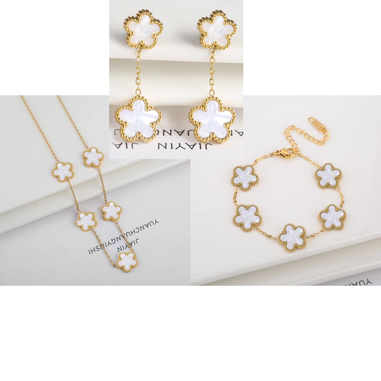 3Pcs Luxury Stainless Steel Five Leaf Flower Jewelry Set Bracelet Necklace Earrings Classic for Women Daily Party Jewelry Clover