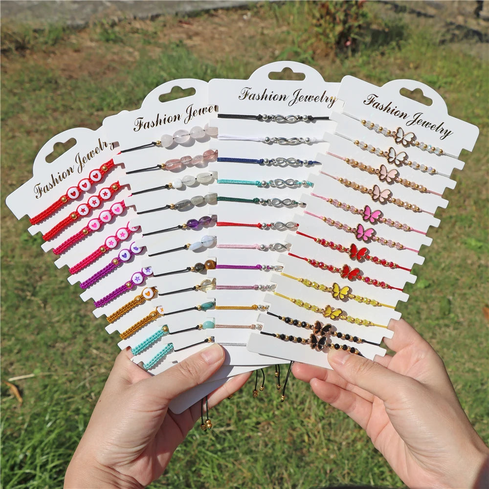 Wholesale 12Pcs/Set Colorful Natural Stone Bracelets Adjustable Rope Braided Bracelet Handmade Bohemia Bracelets with Cards