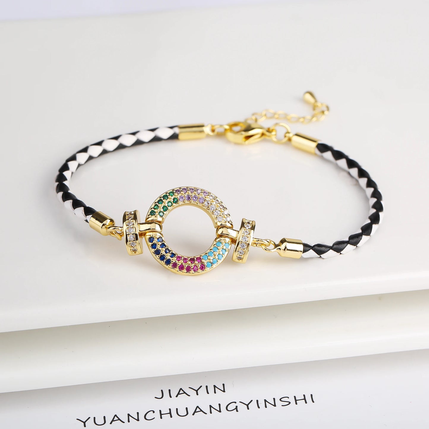 Trendy Colored Round Zirconia Accessory Leather Braided Adjustable Bracelet High Quality Party Holiday Jewelry Gift For Women