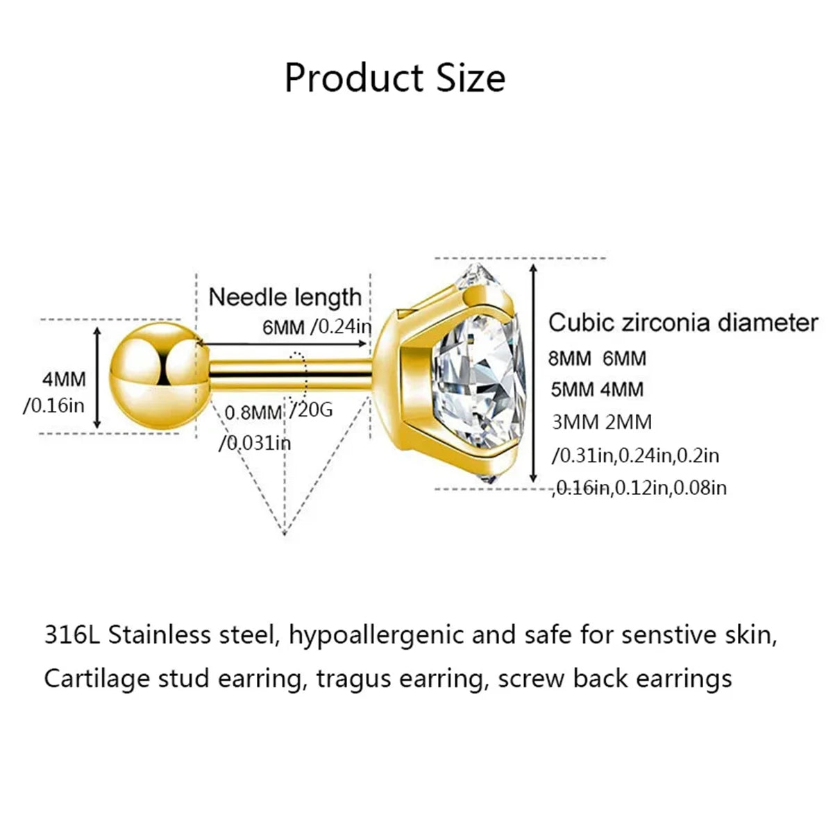 2/6/12pcs 20G Inlaid Cubic Zirconia Stud Earrings,Stainless Steel Screw Back Barbell Studs Daith Tragus Cartilage Earrings