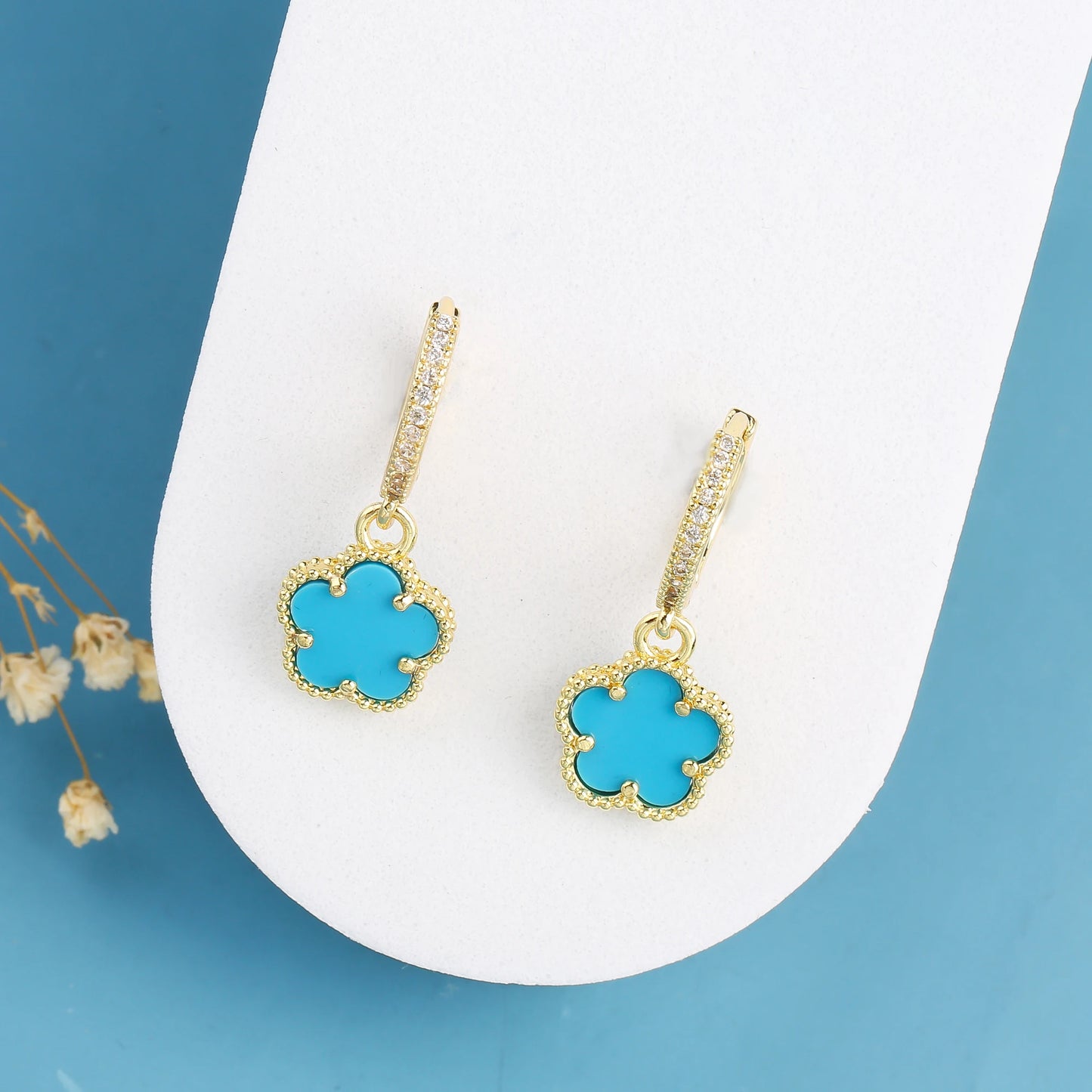 High Quality Natural Stone Five Leaf Flower Drop Earrings Simple for Woman Fashion Party Trend Zircon Jewelry Clover Gift