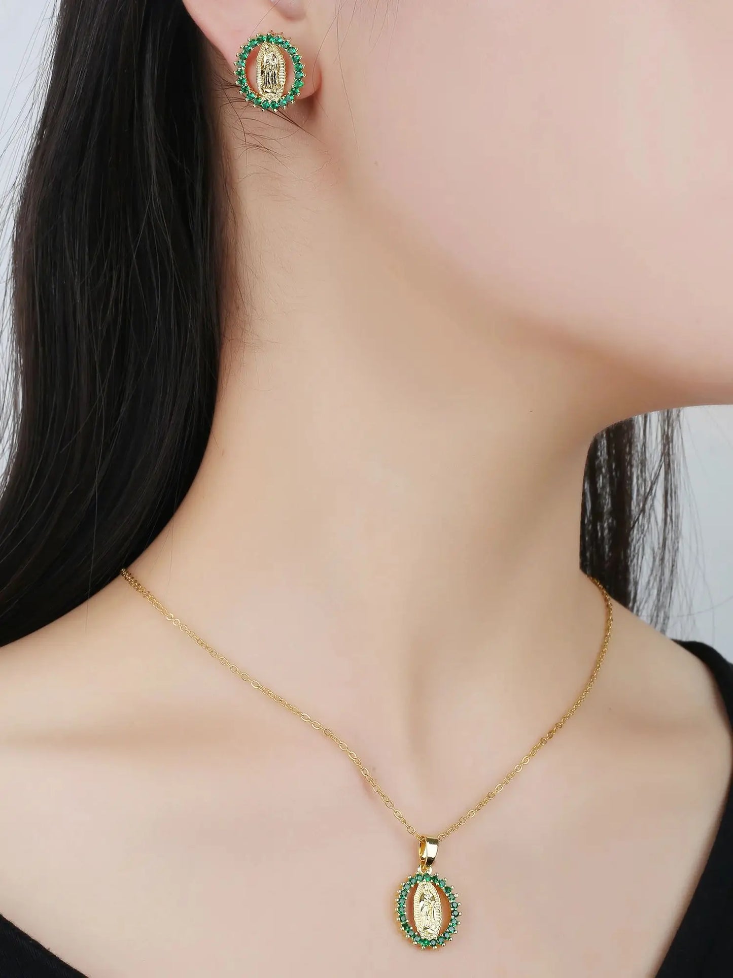 Classic Anti-Allergic Maria Pendant Necklace Set High Quality Zirconia 18K Gold Plated Stud Earrings Women Girls Religious Gifts