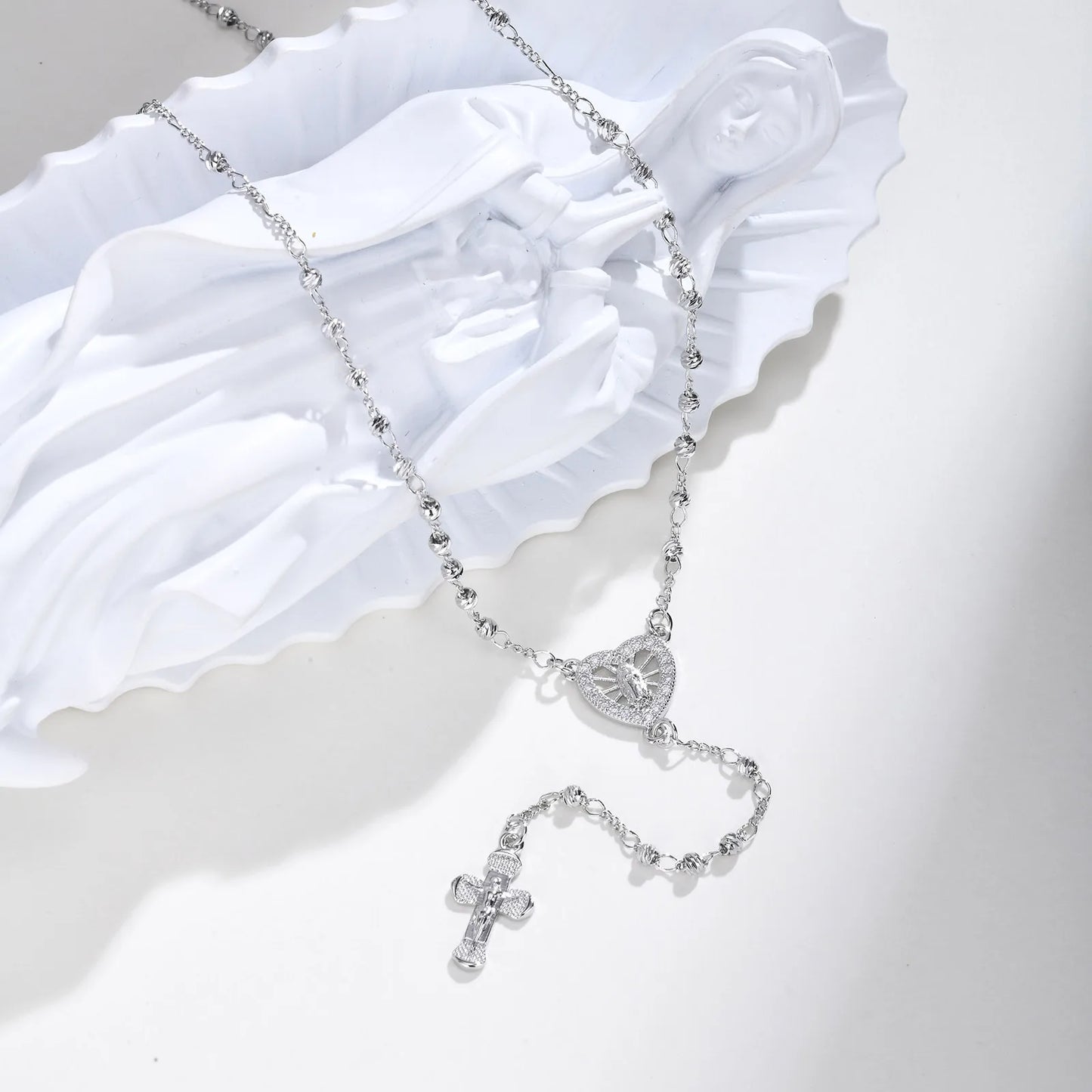 Zirconia Heart Virgin Mary Rosary Bead Cross Necklace for Women, Long Chain Cross Pendant Christian Catholic Religious Jewelry