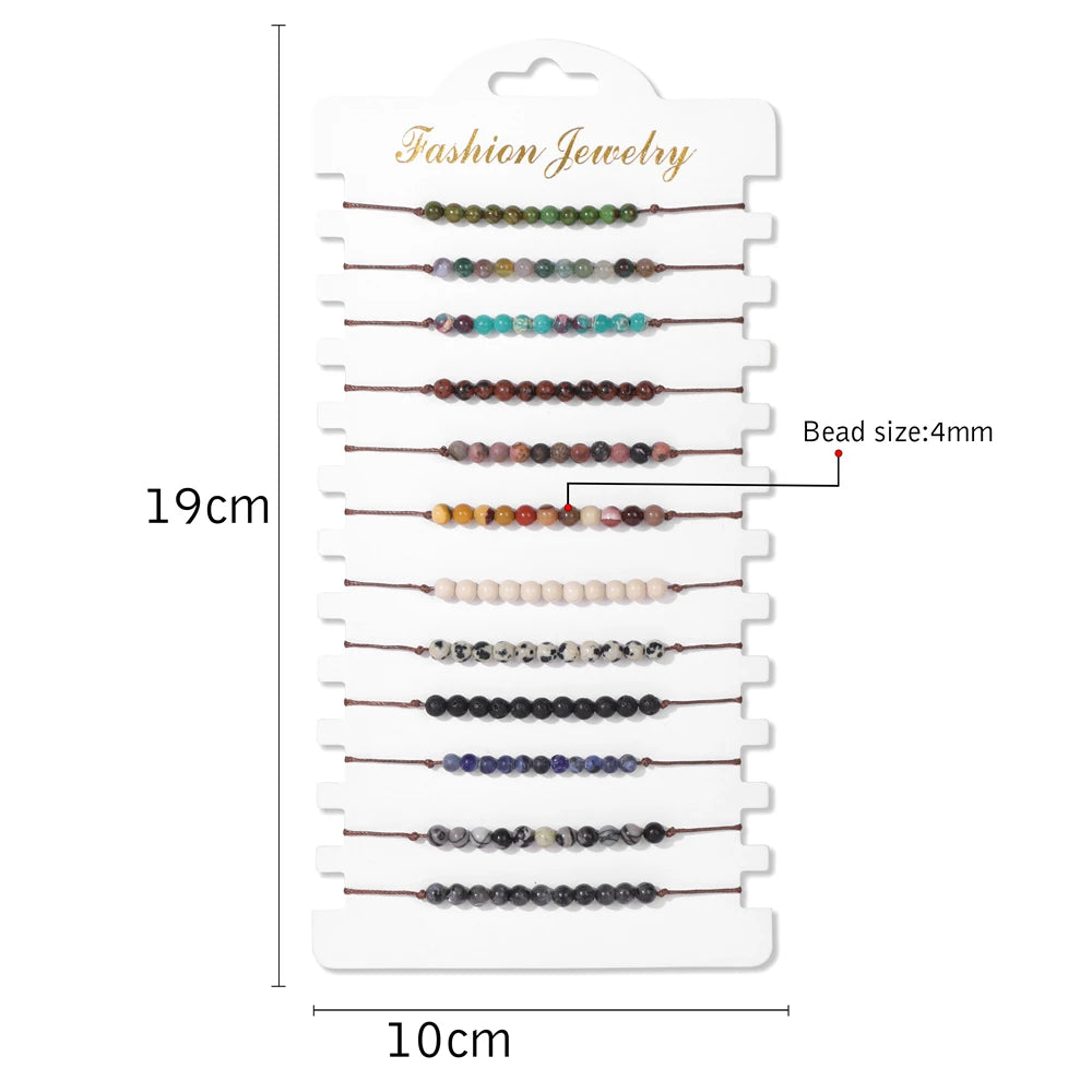 Wholesale 12Pcs/Set Colorful Natural Stone Bracelets Adjustable Rope Braided Bracelet Handmade Bohemia Bracelets with Cards