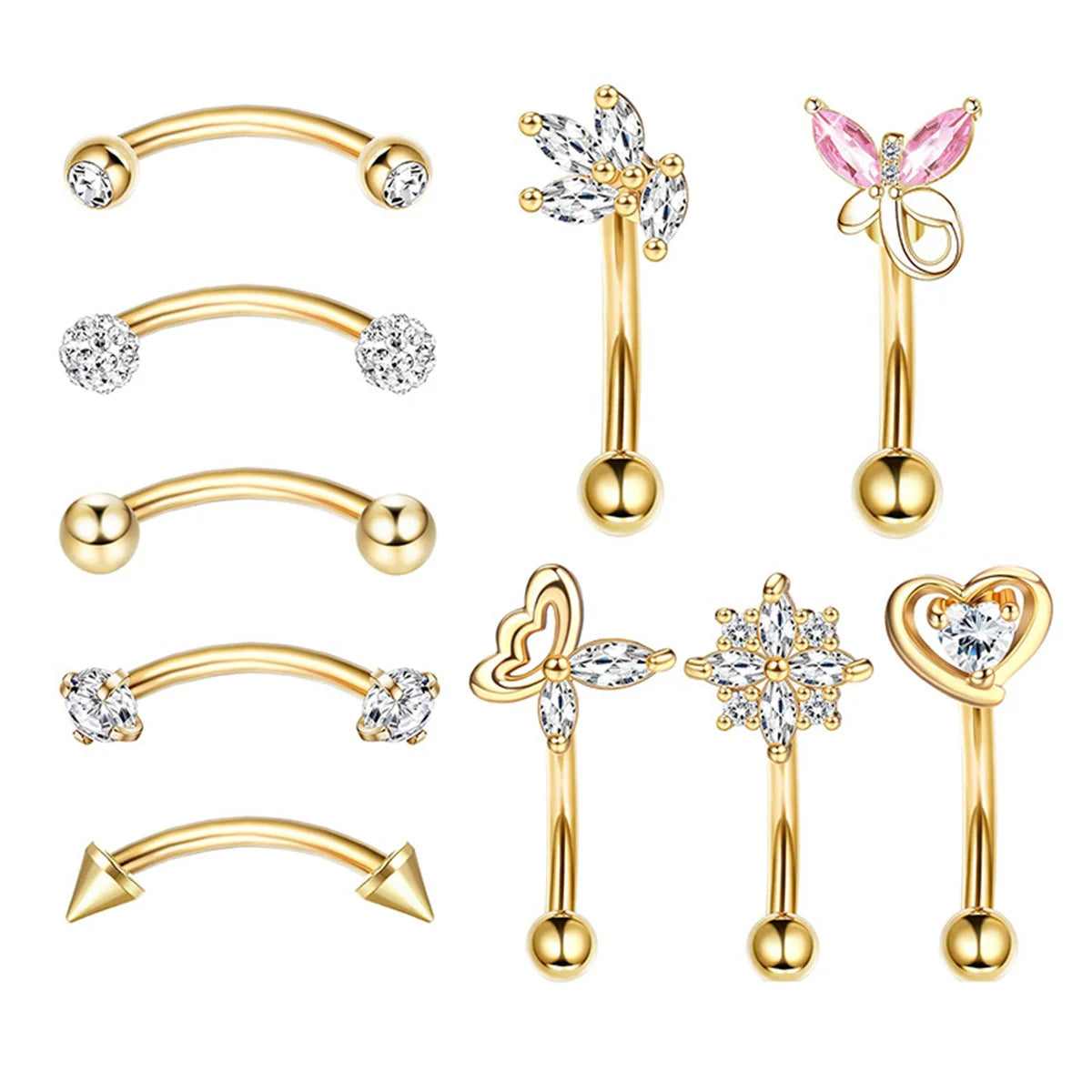 10Pcs 316L Stainless Steel Cubic Zirconia Heart Rooking Eyebrow Rings Set,Daith Cartilage Conch Rook Eyebrow Piercing Jewelry