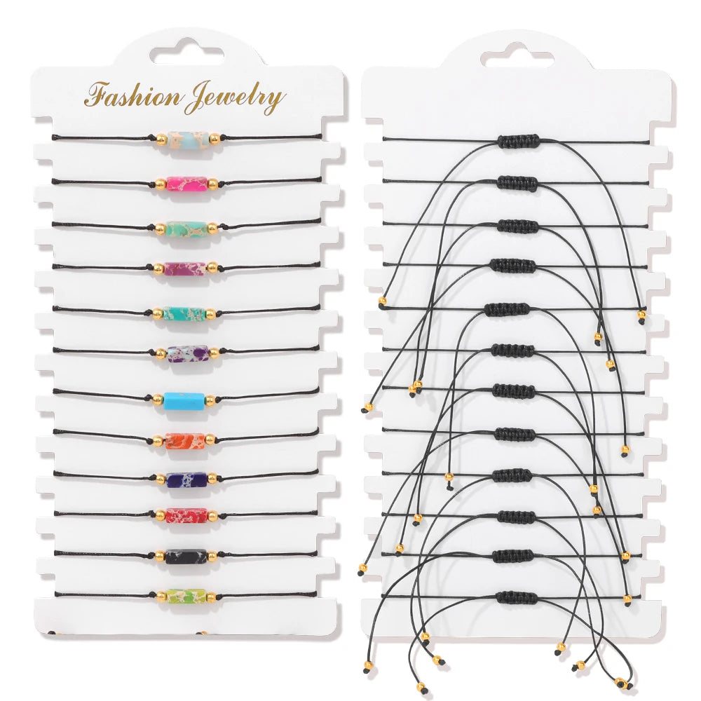 Wholesale 12Pcs/Set Colorful Natural Stone Bracelets Adjustable Rope Braided Bracelet Handmade Bohemia Bracelets with Cards