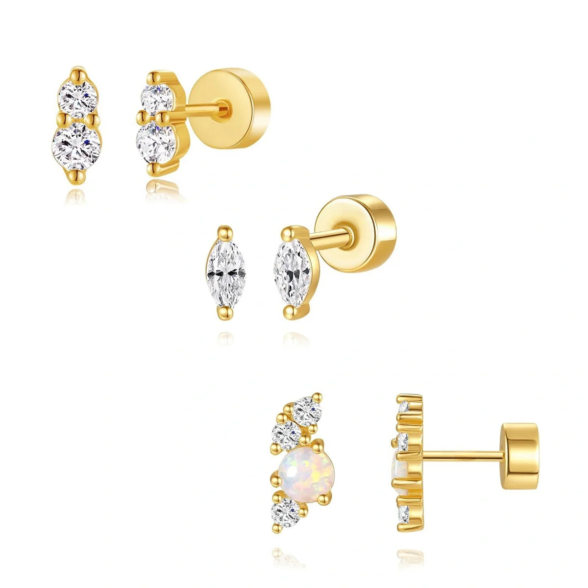 2/6Pcs 20G 18K Golden Plated Tiny Cubic Zerconia Opal Flat Back Stud Ear,Hypoallergenic Cartilage Tragus Helix Earring
