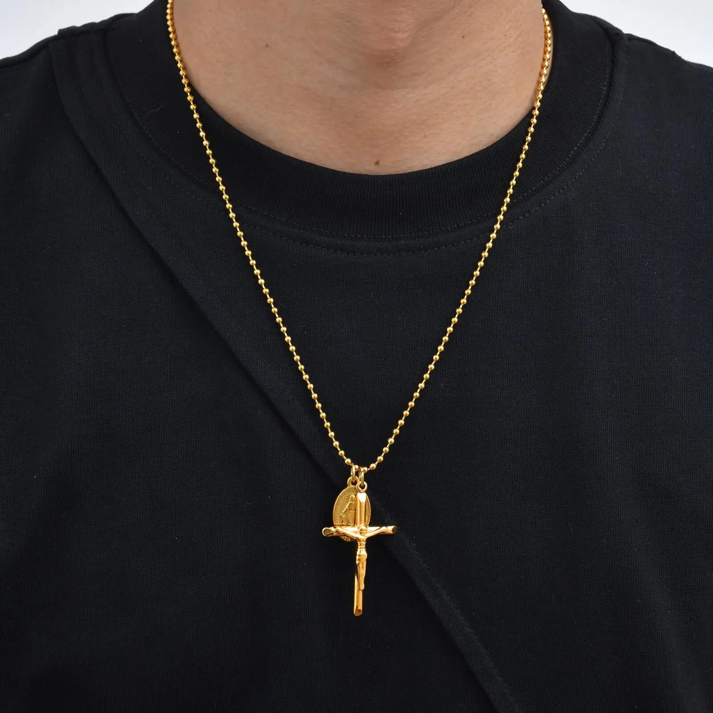 Catholic Cross Necklace for Men Boys,Gold Plated Stainless Steel Virgin Mary Prayer Necklace, Religious Faith Jewelry Gift