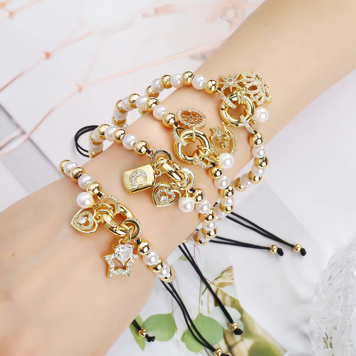 New Trend Crown Star Theme Zircon Bracelet Venezuela Flag Cross Pearl Chain Bracelet Fashion for Woman Girl Daily Wear Jewelry