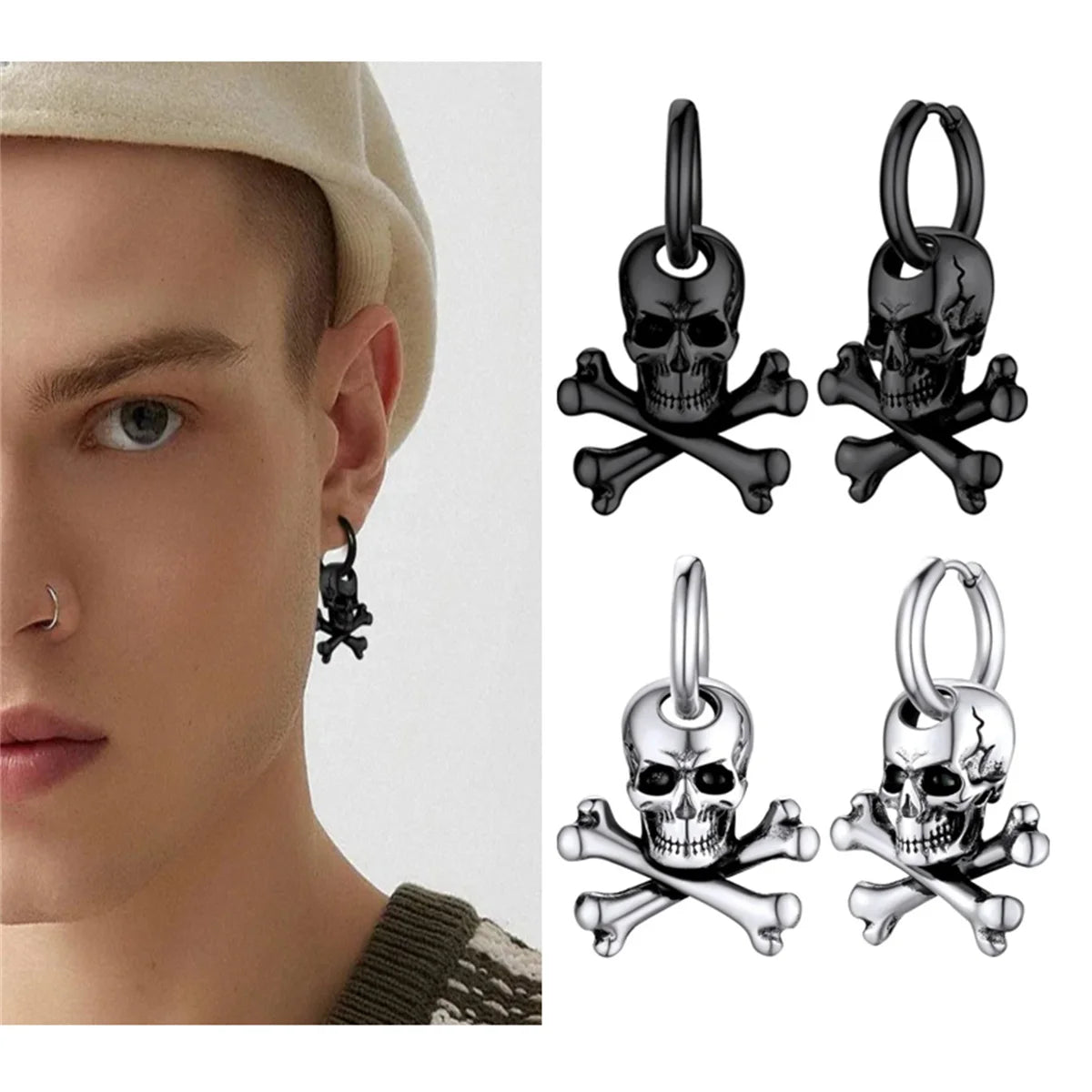 2PCS Hypoallergenic Stainless Steel Vintage Gothic Hollow Three Dimensional Lifelike Skeleton Dangle Huggie Hoop Skull Earrings