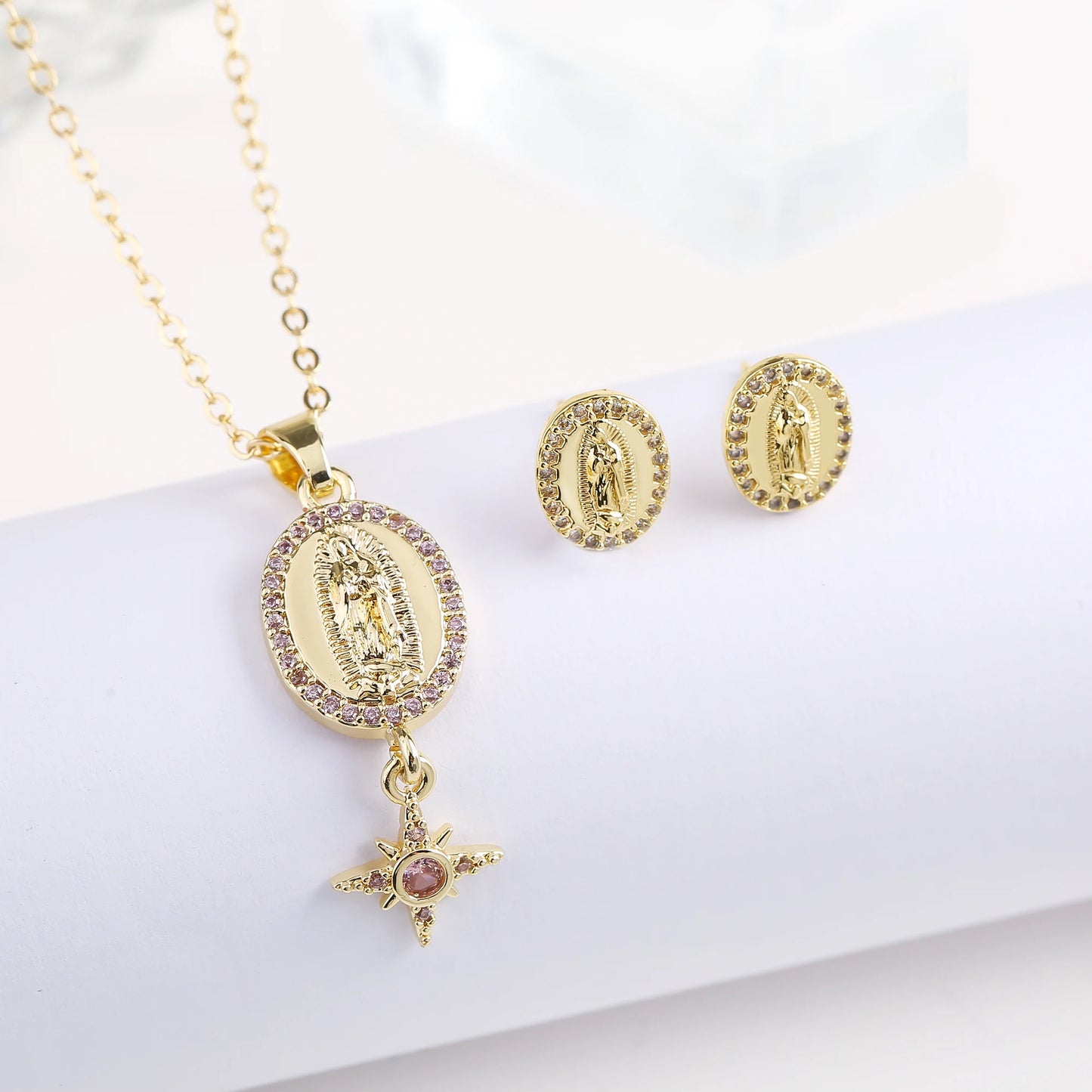 New Trendy Creative Oval St. Jude Zirconia Jewelry Set Necklace Earrings Classic for Religious Jewelry Accessories For Men Women