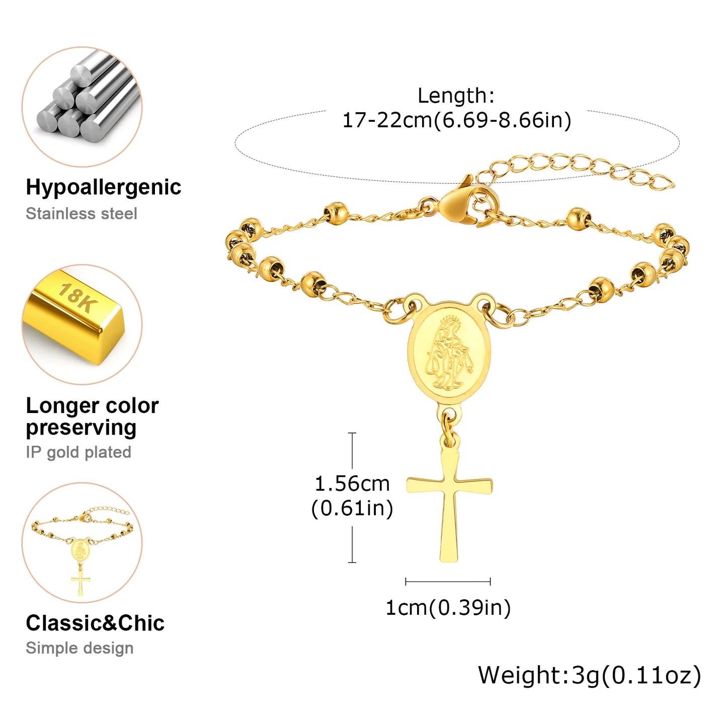 Rosary Stainless Steel Women Bracelet Girls Religious Cross And Virgin Mary Prayer Bracelet Mom Girlfriend Valentine's Day Gift