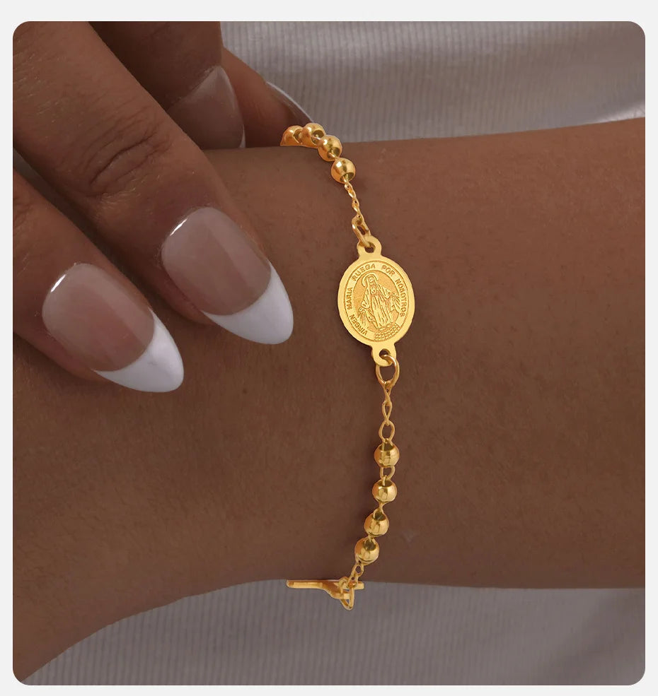 Vnox Stainless Steel Beaded Virgin Mary Bracelet,Charm Rosary Cross Chain Bracelet For Women,Religion Christ Three Color Jewelry