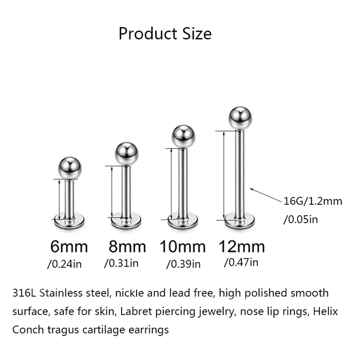 15Pcs 16G Stainless Steel Lip Rings For Women Men,Labret Nose Studs Piercing 6/8/10/12mm Cartilage Tragus Helix Earring