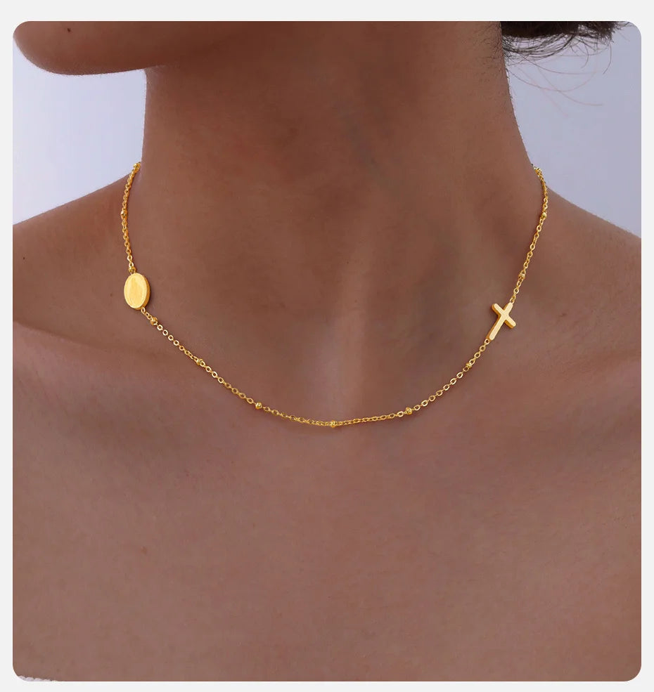 Vnox Dainty Sideway Cross Necklaces, Women's Virgin Mary Charm Collar, Adjustable Stainless Steel Jewelry