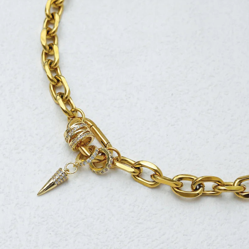 Freeshippings Item Non Tarnish Jewelry Stainless Steel 18K Gold Plated Oval Link Spring Clasp Full Zircon Charms Choker Necklace