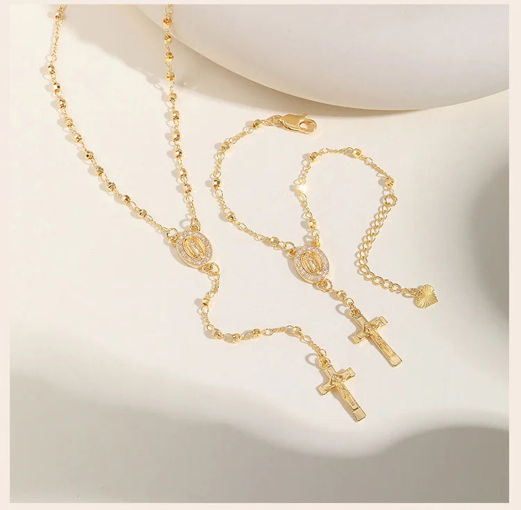 Catholic Cubic Zirconia Rosary Cross Beaded Link Bracelets, Oval Jesus Coss Jewelry, Religion Gold Plated Bracelet