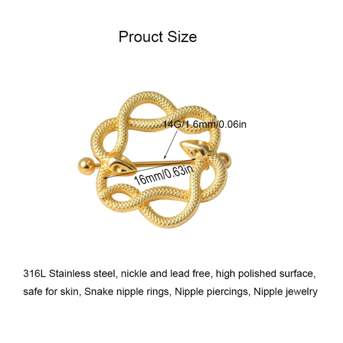 2pcs Fashion 316L Stainless Steel Snake Nipple Rings,Punk Sexy Cool Snake Nipple Piercing Jewelry Industrial Nipple Jewelry
