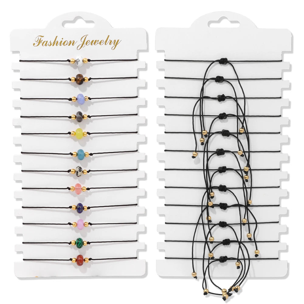 Wholesale 12Pcs/Set Colorful Natural Stone Bracelets Adjustable Rope Braided Bracelet Handmade Bohemia Bracelets with Cards