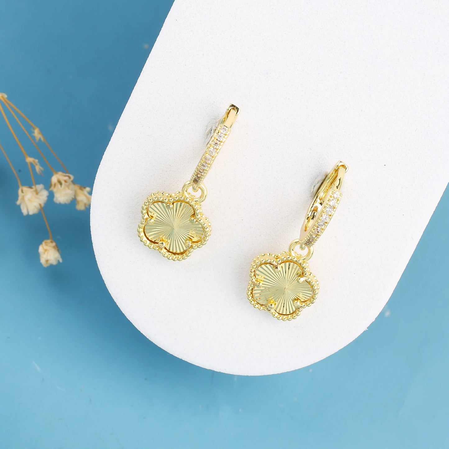 High Quality Natural Stone Five Leaf Flower Drop Earrings Simple for Woman Fashion Party Trend Zircon Jewelry Clover Gift