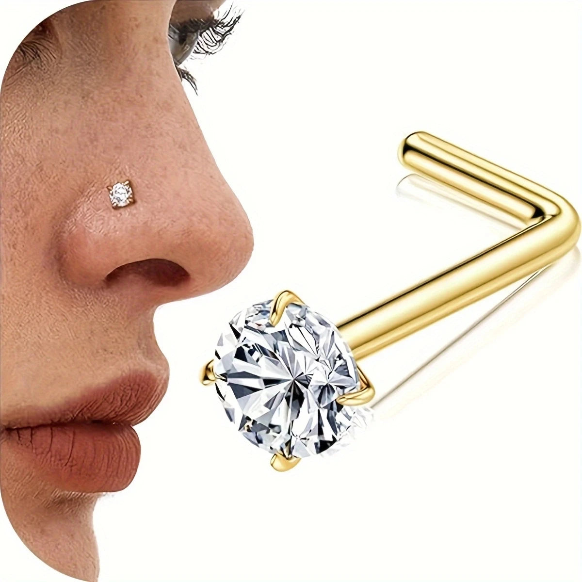 6Pcs 20G 316 Stainless Steel Elegant Screw Nose Rings for Women,Shiny Cubic Zirconia - L-shaped L Shape Nose Piercings Jewelry