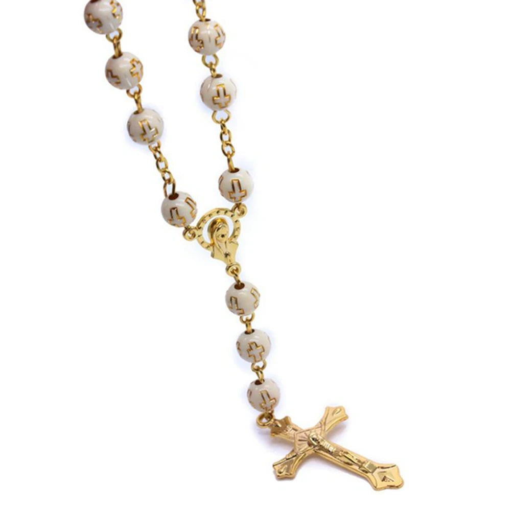 QIGO Car Rosary Beaded Bracelets Beige Plastic Cross Pedant Religious Jewelry For Men Women