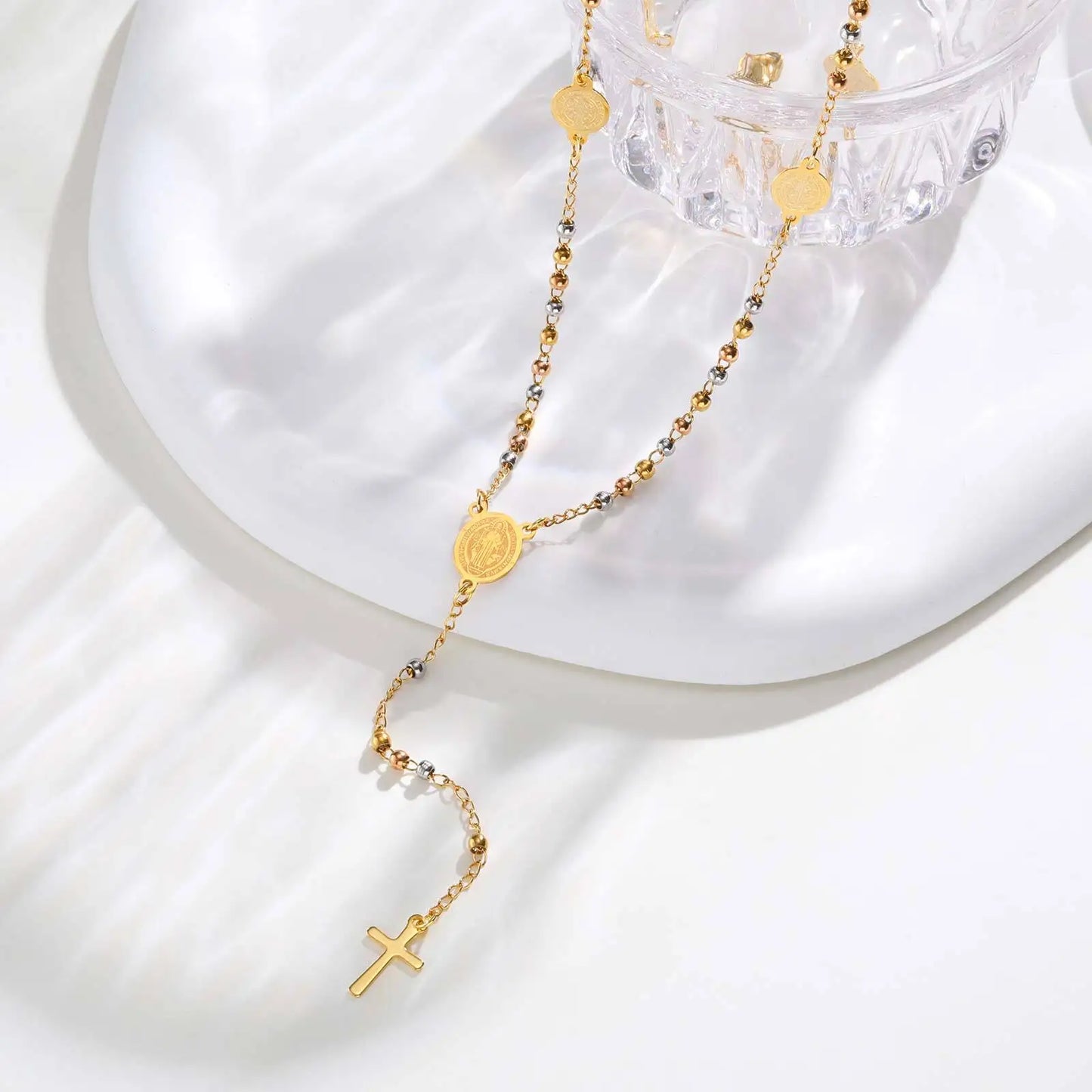 Stainless Steel St. Benedict's Rosary Necklace, Christian Cross Crucifix Pendant, Religious Necklace for Women, Catholic Jewelry