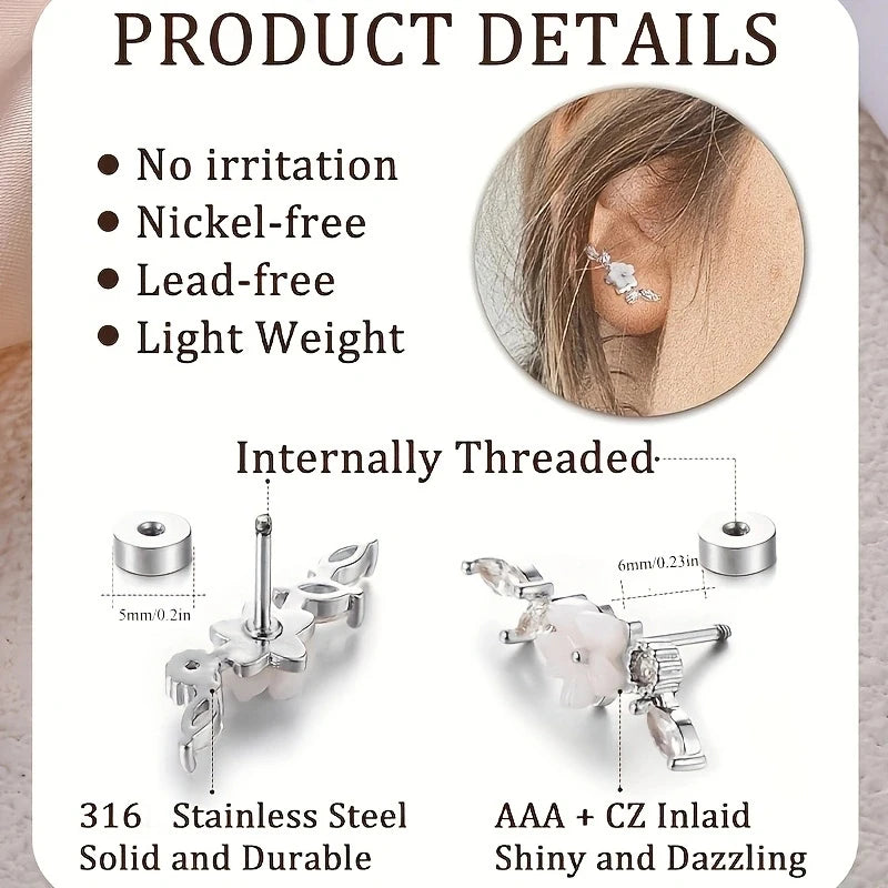 2Pcs 16G Stainless Steel Screw Back Stud Earrings for Women,Cubic Zerconia Cartilage Conch Helix Ear Piercing Jewelry