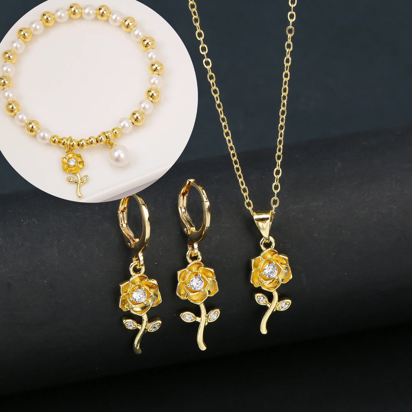 3pcs Lucky Plant Sunflower Rose Flower Necklace Jewelry Set Bracelet Earrings Charming for Women Girls Party Birthday Jewelry