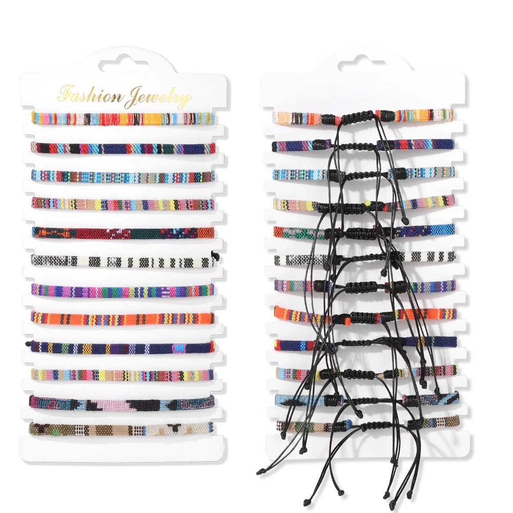 Wholesale 12Pcs/Set Colorful Natural Stone Bracelets Adjustable Rope Braided Bracelet Handmade Bohemia Bracelets with Cards