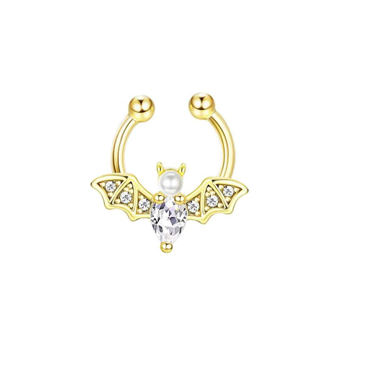 1Pc Fashion Cute Halloween Bat Fake Septum Nose Rings, Clip On Pearl Bat Septum Rings Cubic Zirconia Non Piercing Septum Jewelry