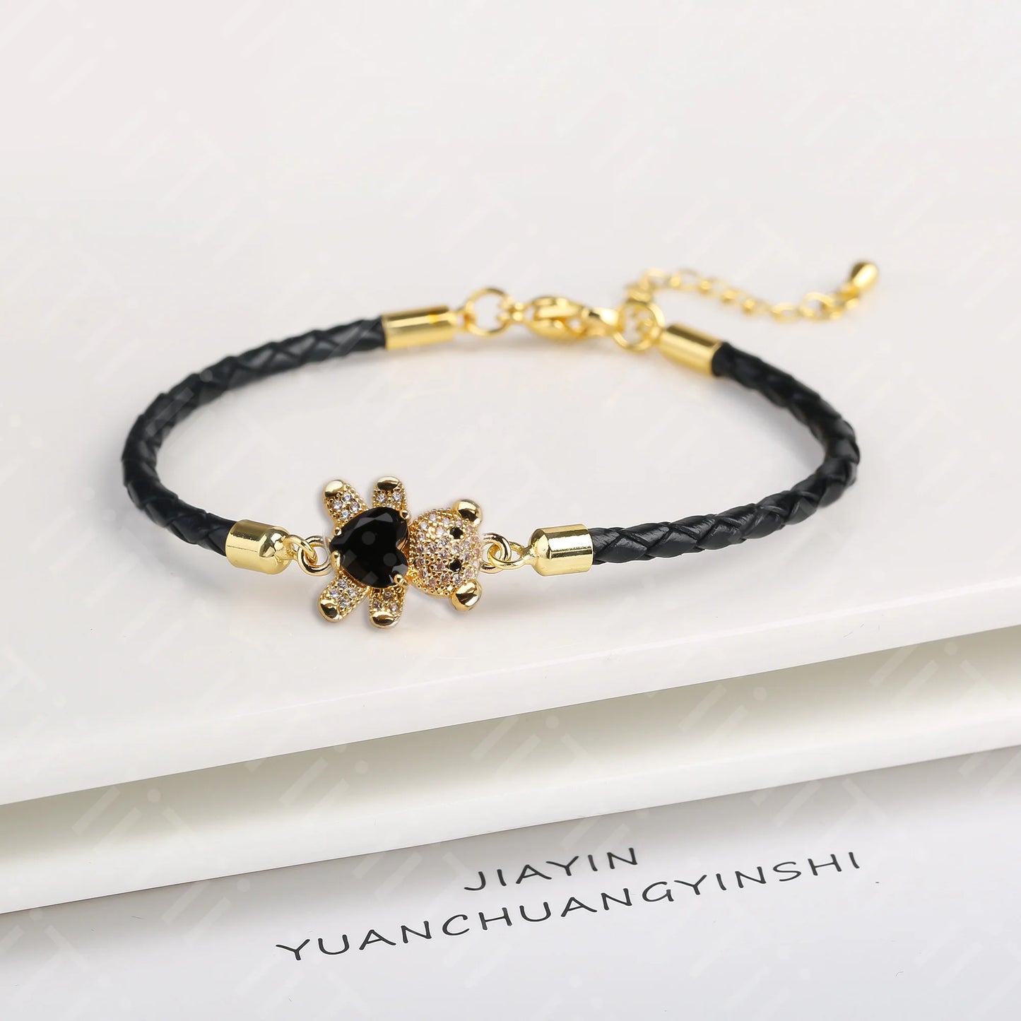 Adjustable Cute Crystal Cubic Zirconia Bear Leather Rope Bracelet Classic for Woman Girl Wrist Jewelry Daily Wear Drop Shipping