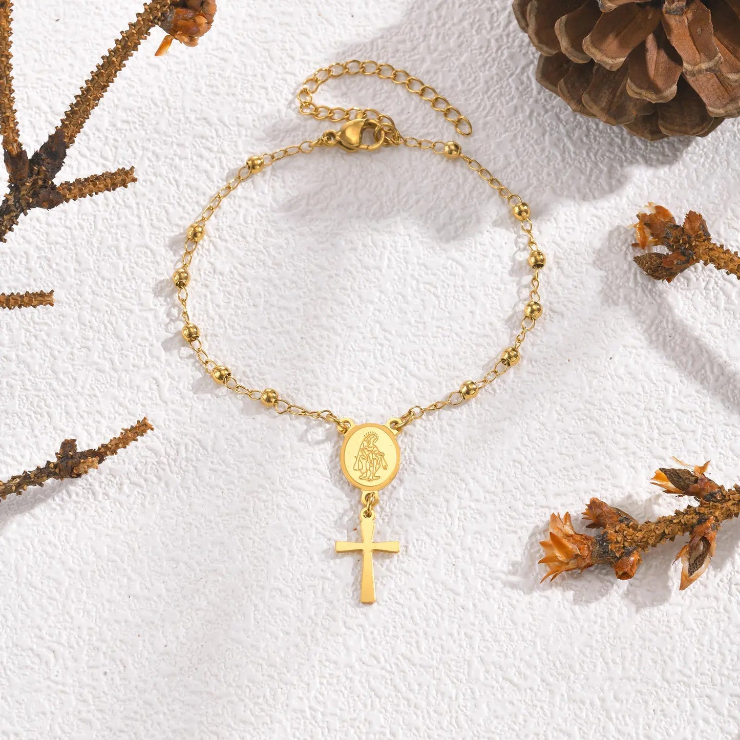 Rosary Stainless Steel Women Bracelet Girls Religious Cross And Virgin Mary Prayer Bracelet Mom Girlfriend Valentine's Day Gift