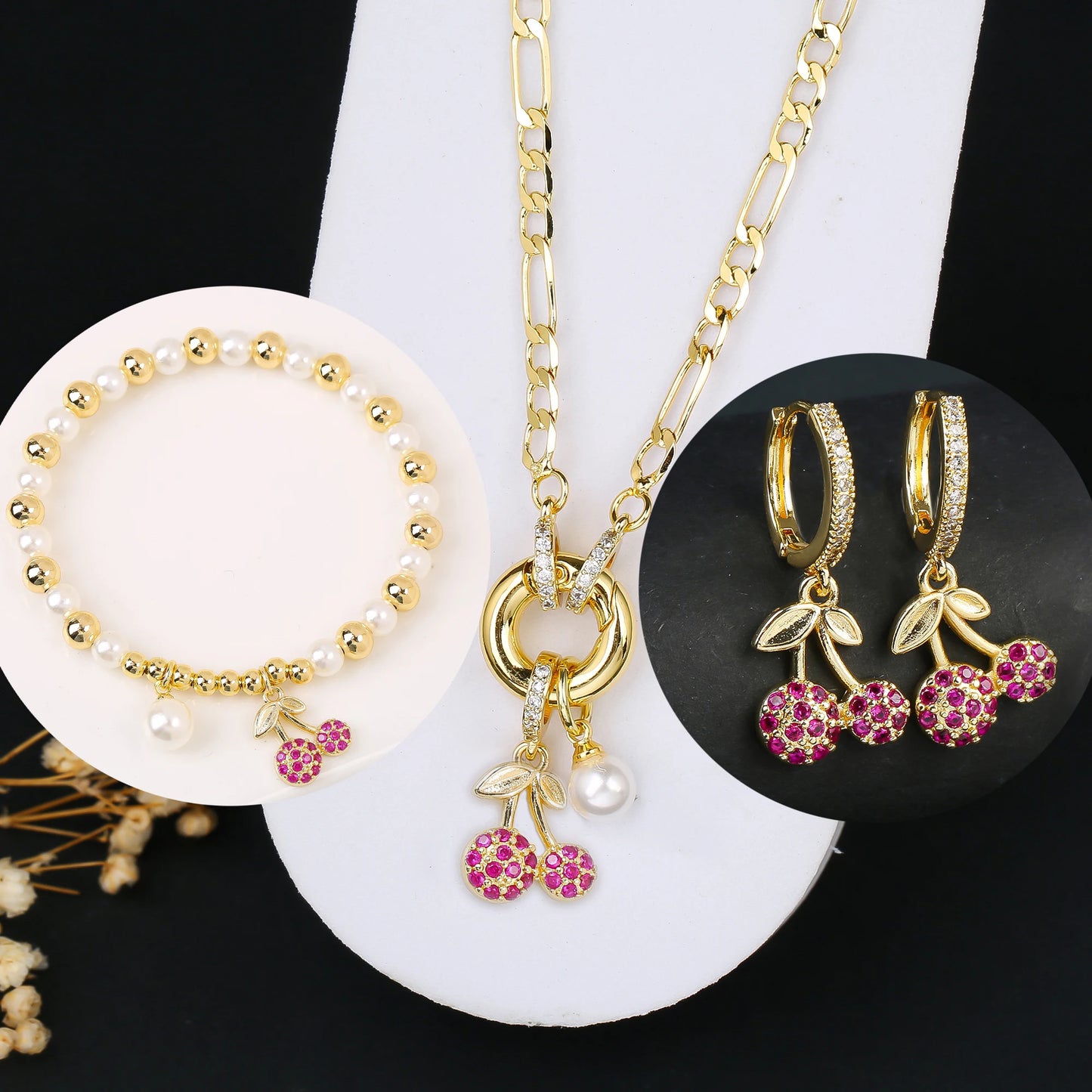 3pcs Hot Sale Shiny Zirconia Crystal Cherry Necklace Bracelet Earrings Jewelry Set Fashion for Woman Girl Wedding Lucky Jewelry
