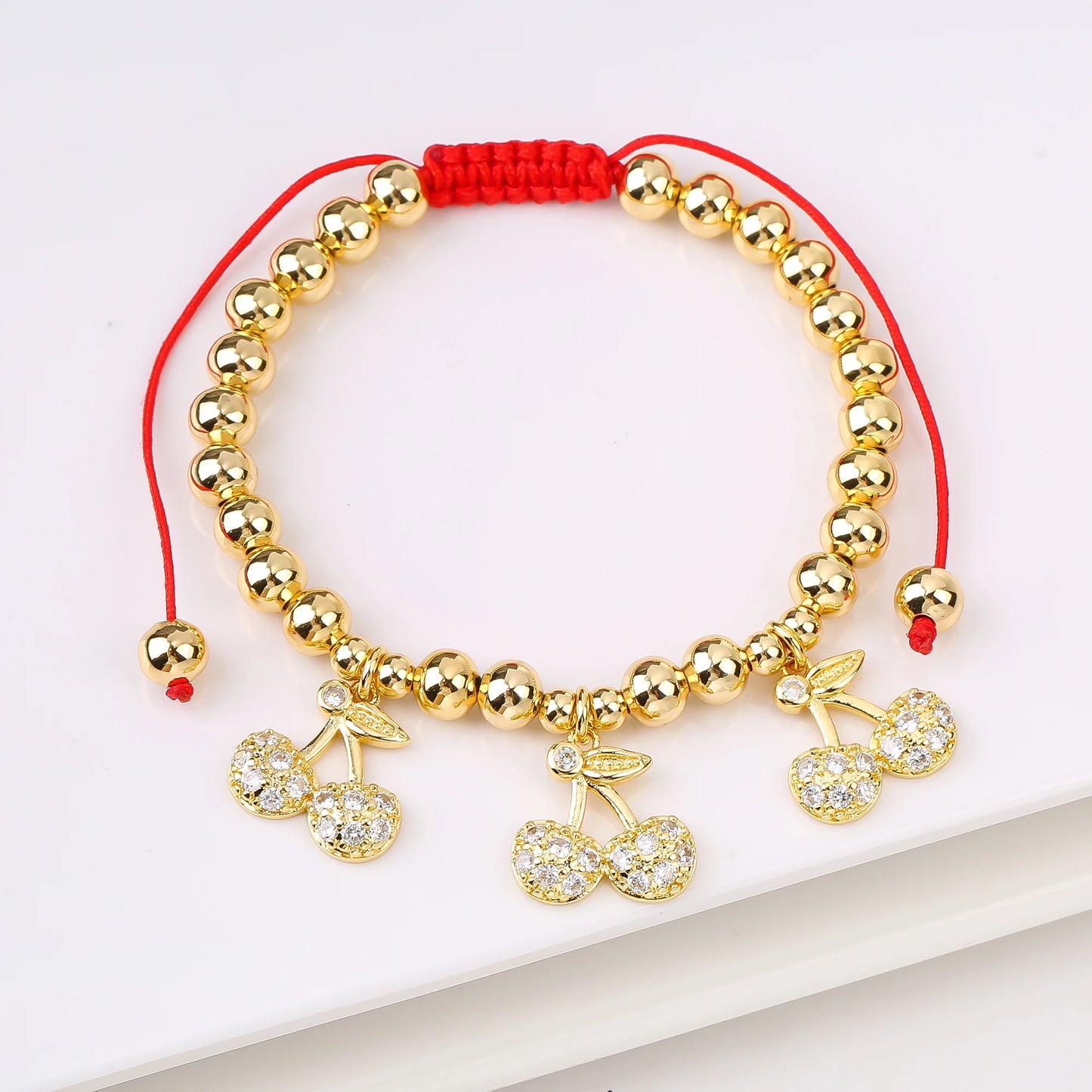 Gold Plated 6mm Copper Bead Chain Braided Fruit Cherry Crystal Adjustable Bracelet New Fashion Woman Girl Daily Wear Jewelry