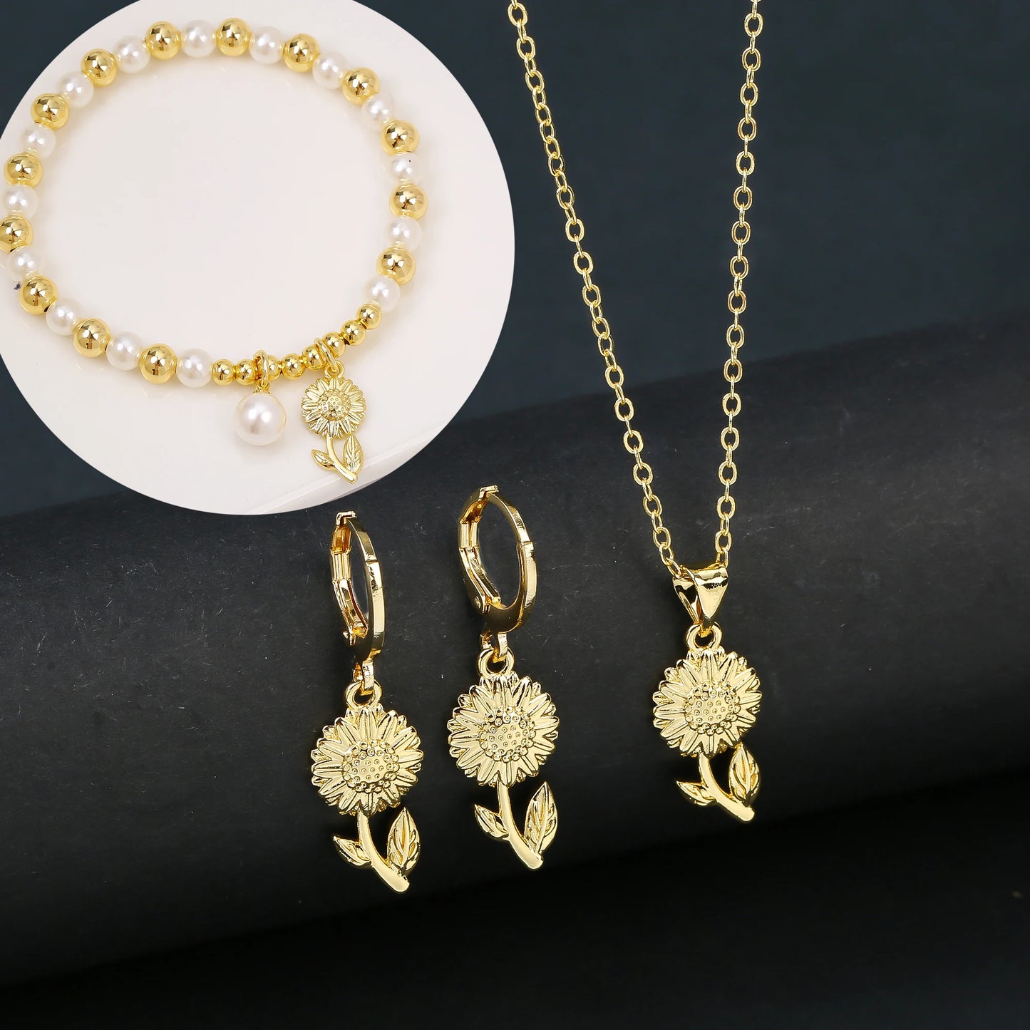 3pcs Lucky Plant Sunflower Rose Flower Necklace Jewelry Set Bracelet Earrings Charming for Women Girls Party Birthday Jewelry