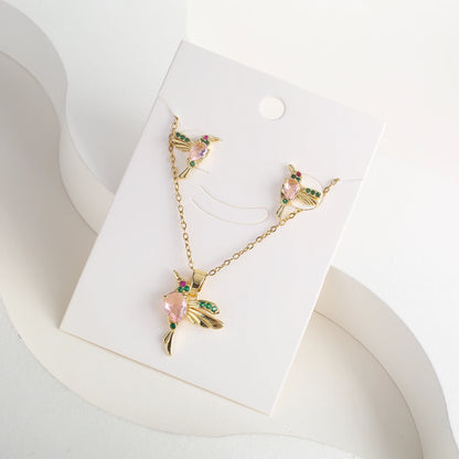 Classic Crystal Hummingbird Pendant Necklace Earring Set 7 Color Zirconia Animal Bird Necklace Girls Party Birthday Wedding Gift