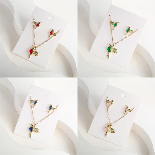 Classic Crystal Hummingbird Pendant Necklace Earring Set 7 Color Zirconia Animal Bird Necklace Girls Party Birthday Wedding Gift