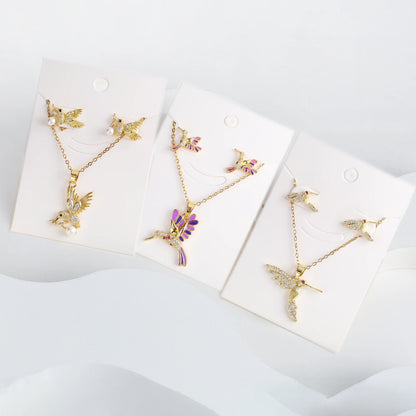6 Colore New Fashion Diamonds Hummingbird Pendant Necklace Earring Set Charms Ladies Animal Bird Accessories Party Birthday Gift