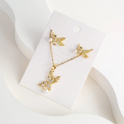 6 Colore New Fashion Diamonds Hummingbird Pendant Necklace Earring Set Charms Ladies Animal Bird Accessories Party Birthday Gift