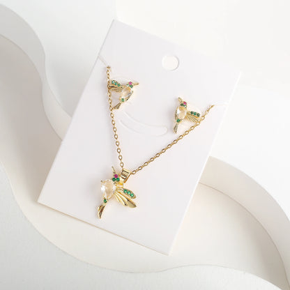 Classic Crystal Hummingbird Pendant Necklace Earring Set 7 Color Zirconia Animal Bird Necklace Girls Party Birthday Wedding Gift