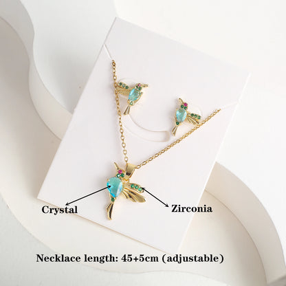 Classic Crystal Hummingbird Pendant Necklace Earring Set 7 Color Zirconia Animal Bird Necklace Girls Party Birthday Wedding Gift