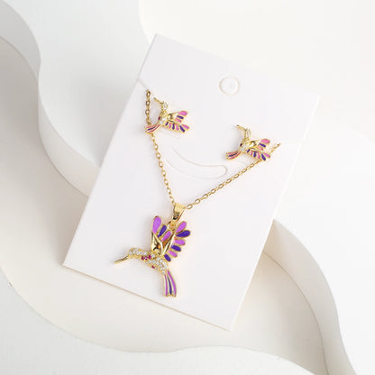 6 Colore New Fashion Diamonds Hummingbird Pendant Necklace Earring Set Charms Ladies Animal Bird Accessories Party Birthday Gift