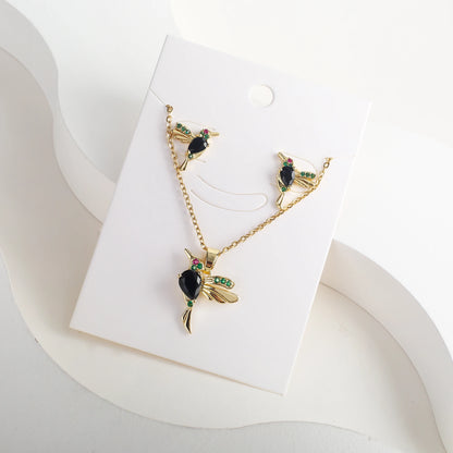 Classic Crystal Hummingbird Pendant Necklace Earring Set 7 Color Zirconia Animal Bird Necklace Girls Party Birthday Wedding Gift