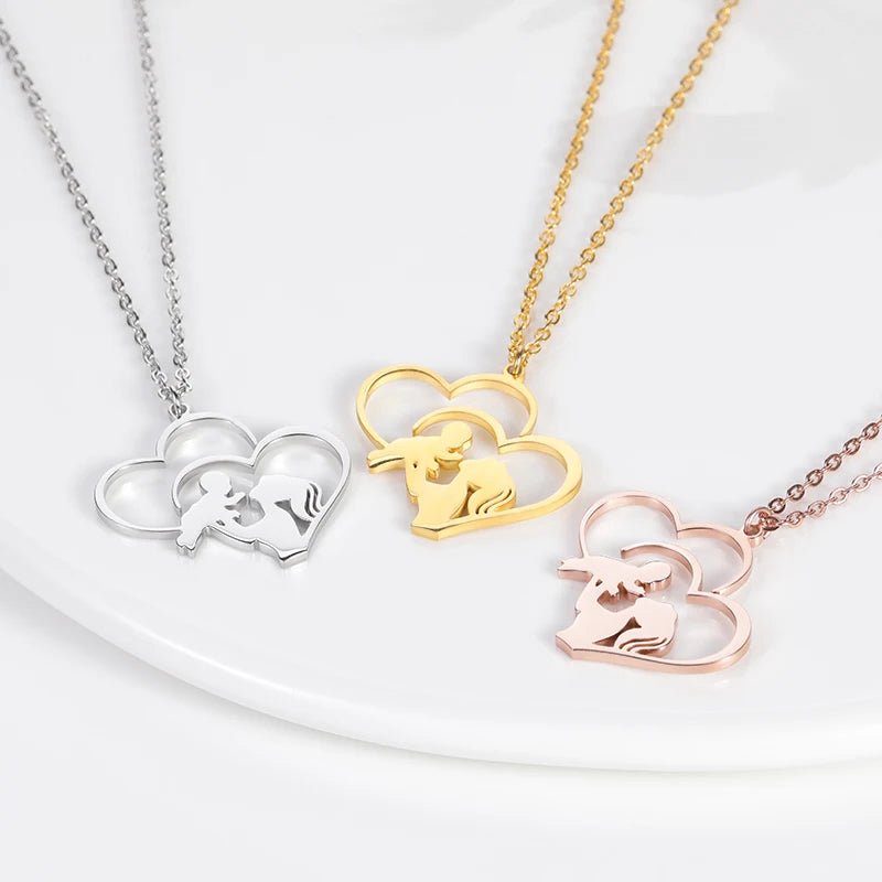 Mom 's Baby Stainless Steel Gold Color Chain Necklace For Women Double Love Heart Necklace Mother's Day Christmas Gift Jewelry