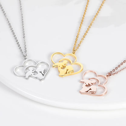 Mom 's Baby Stainless Steel Gold Color Chain Necklace For Women Double Love Heart Necklace Mother's Day Christmas Gift Jewelry